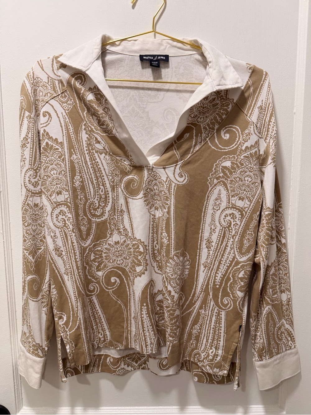 Nautica Beige and White Paisley Collared Blouse